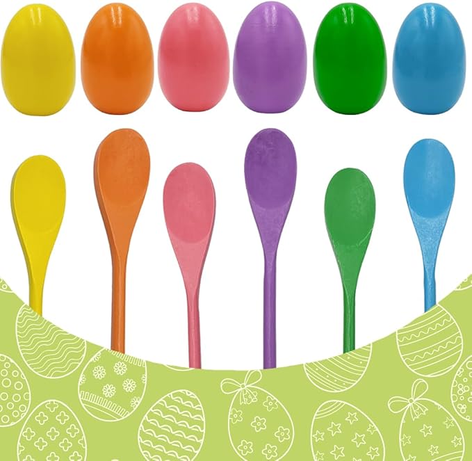 12 Wooden Easter Eggs and 12 Wooden Spoon Race Game Set, 12 Sets, Multi-Player Carnival Game for Kids & Family Activity Holiday Outdoor Yard Easter Egg Hunt Birthday Party Lawn Games