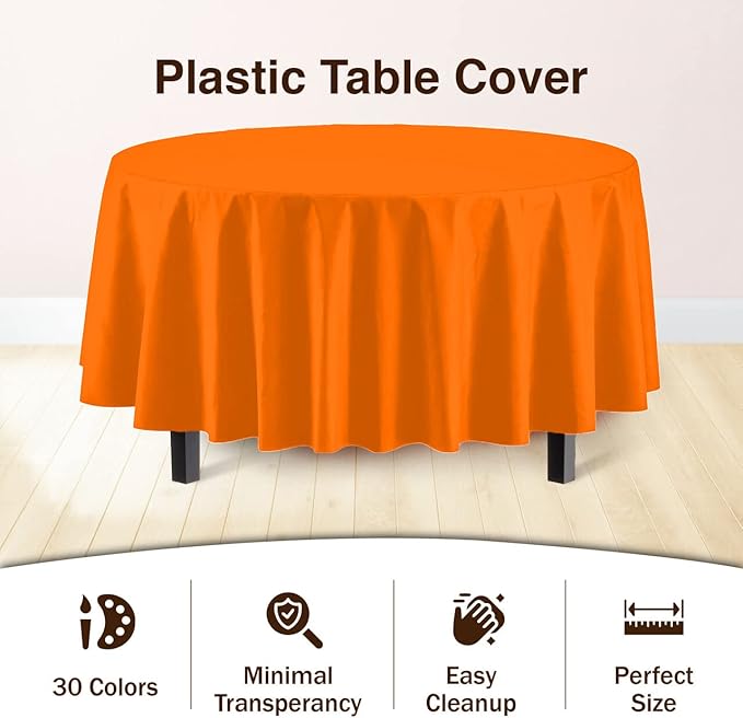 Exquisite Party Solids 6-Pack Premium Plastic Tablecloth 84in. Round Plastic Table Cover - Orange