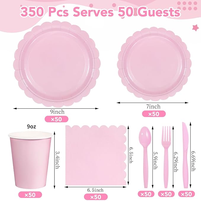 350 Pcs Pink Paper Plates and Napkins, Pink Birthday Decorations Include Paper Plates Napkins Cups Plastic Cutlery for Mothers Day, Baby Bridal Shower, Wedding
