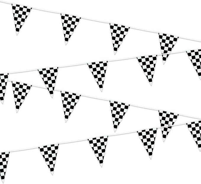 Checkered Pennant Banner Flags - GREATRIL Black White Racing Theme Triangle Bunting for Birthday/Garage/Race Car Party Decorations 4 Strings