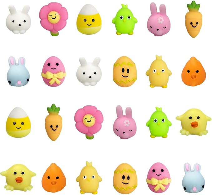 24 PCS Easter Mochi Squishy Toys Stress Relief Squishies for Kids Boys Girls Toddlers Easter Basket Stuffers Egg Fillers Gifts Party Favors