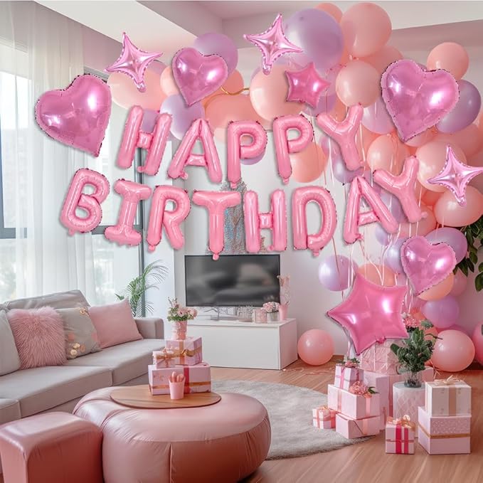 TONIFUL 35PCS Light Pink Happy Birthday Decorations 16 Inch Happy Birthday Balloon Banner with Star Balloons Mylar Foil Birthday Party Decorations Supplies for Men Women Adults Girls Boys Kids