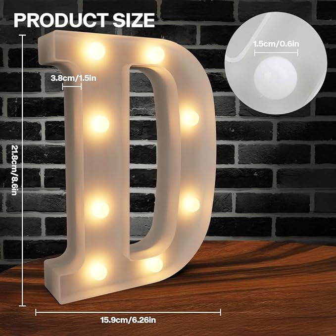 Light Up Letters Marquee, 26 Battery Powered LED Alphabet Signs - Night Light - White Plastic for Engagement, Wedding, Baby Showers & Birthdays - Letter D