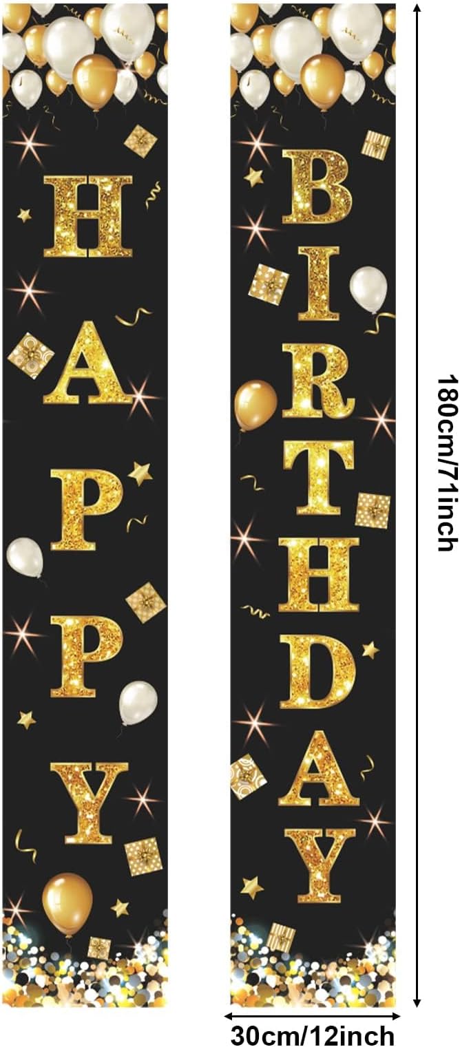Black Gold Happy Birthday Banner Decorations, Happy Birthday Door Banner Porch Sign Wall Hanging For Outdoor Indoor For Men Women Boys And Girls Birthday Party Decor Supplies