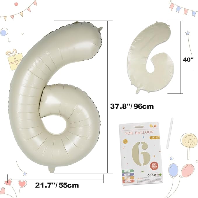 40in Birthday Big Number Balloon - CARGEN Giant Foil Balloons for Women Men Birthday Party Wedding Anniversary Supplies Decorations, Creamy White Six, No.6