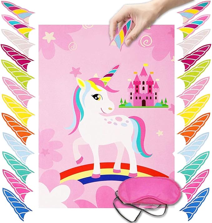 Pin The Horn on The Unicorn Game -Unicorn Party Game for Girls with 21'' x 28'' Poster, Reusable Horn Stickers Party Supplies for Kids Girls Birthday Party Favor Sets