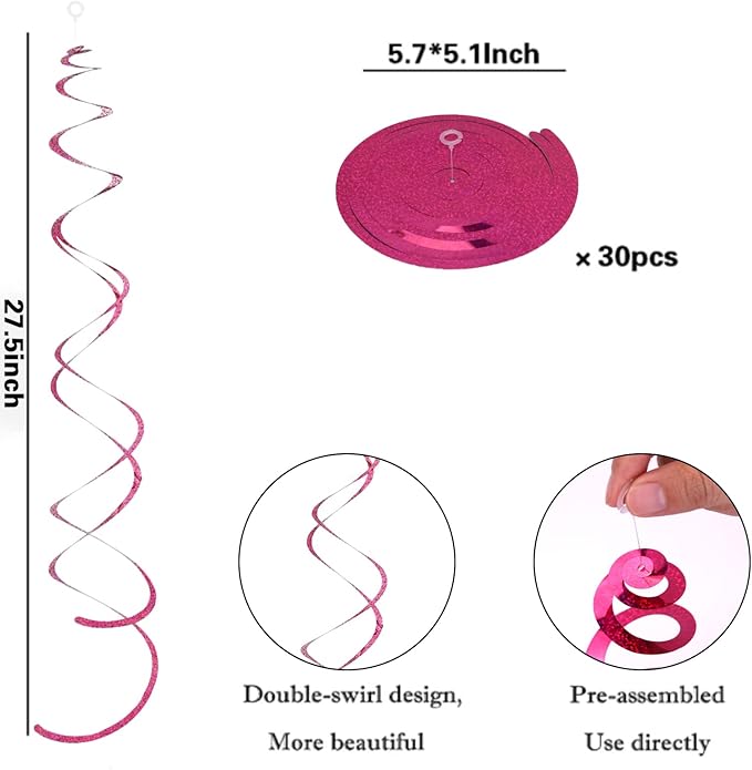 30 Pieces Iridescent Hot Pink Hanging Swirl Decorations Plastic Streamers Foil Swirls Ceiling Decorations Wedding Holiday Celebration Bachelorette Baby Shower Birthday Party Decorations