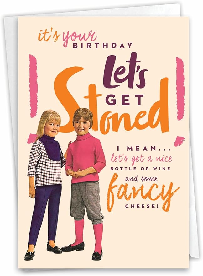 NobleWorks - 1 Funny Blank Birthday Greeting Card - Sassy Bday Card for Women, Stationery Humor - Let's Get Stoned Blank C7027BDB
