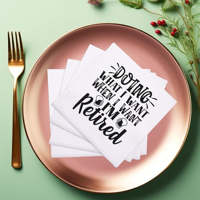 Retirement Cocktail Napkins Party Napkins Beverage Napkins Bar Napkins Disposable Paper Novelty Humorous Gag Gift 100Pcs 4.5 x 4.5 6-ply (Doing What I Want When I Want I'm Retired)