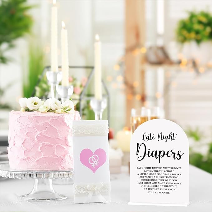 Baby in Bloom Shower Decorations, Baby Shower Sign, Newborn Gifts, Late Night Diapers Game Signs, Modern Calligraphy Arched Acrylic Table Top Signs With Stand for Birthday Party Decorations (White)
