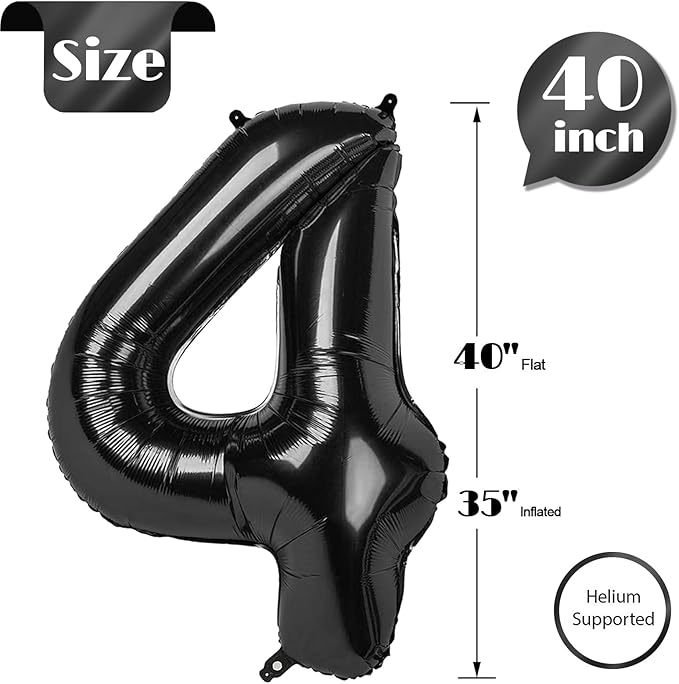 Black Number 4 Balloon 40 Inch, 4 Balloon Number, 4th Birthday Decorations, Black Party Supplies for Boys Girls