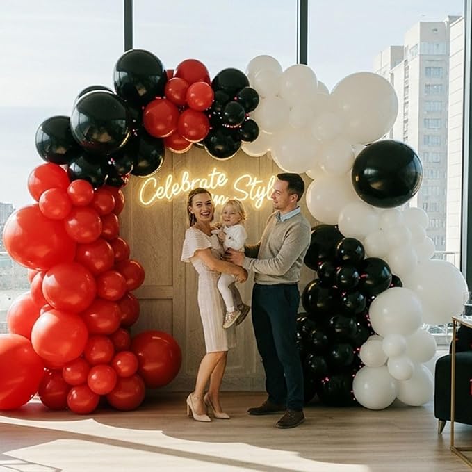 Red Black White Balloon Arch Kit with Silver Star Foils – Double Stuffed Balloons in 5” 12” 18” Sizes for Graduation, Birthday, Retirement, Racing, Casino, Poker Party Decorations