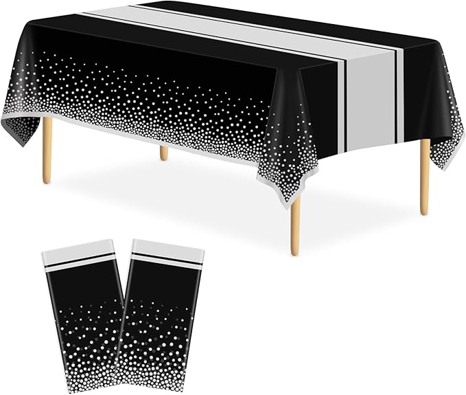 2 Pack Black and Silver Tablecloth Party Decorations Plastic Black Tablecloth Printed Silver Table Runner 54 x108 Inch Disposable Rectangle Table Cover for Birthday Wedding Graduation