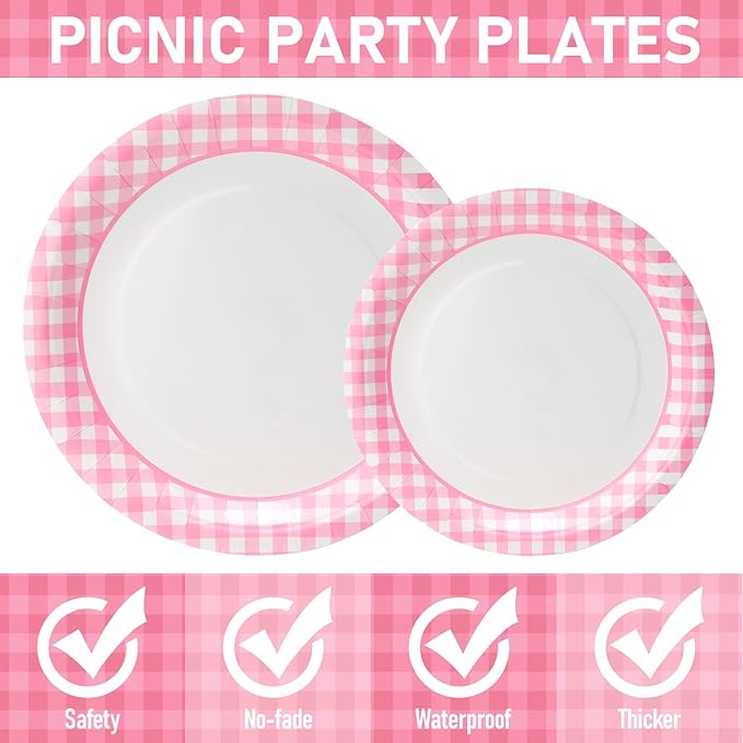 168PCS Party Plates, Scalloped Gingham Paper Plates and Cups and Napkins Sets Party Supplies for Birthday Wedding Bridal Shower Baby Shower Picnic, Serve for 24 Guests (Pink Gingham)