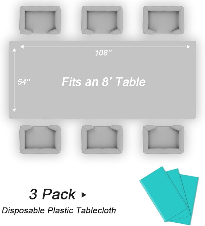 QIKSION Teal Plastic Table Cloth Disposable 3 Pack, 54 x 108 Inch Tablecloths for Easter Party, Summer, Turquoise Rectangle Table Cover