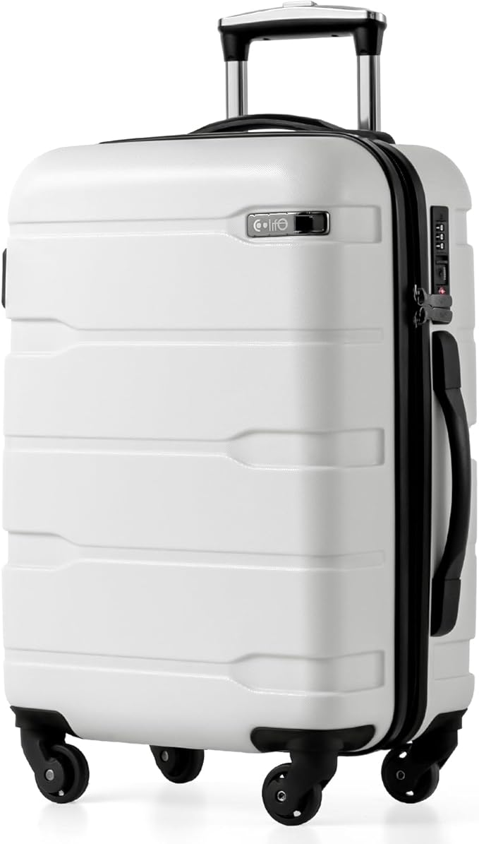 Coolife Carry On Luggage 22x14x9 Airline Approved Hardside PC+ABS Suitcase with TSA Lock, Lightweight Rolling Travel Luggage with Spinner Wheels(White, 20in)
