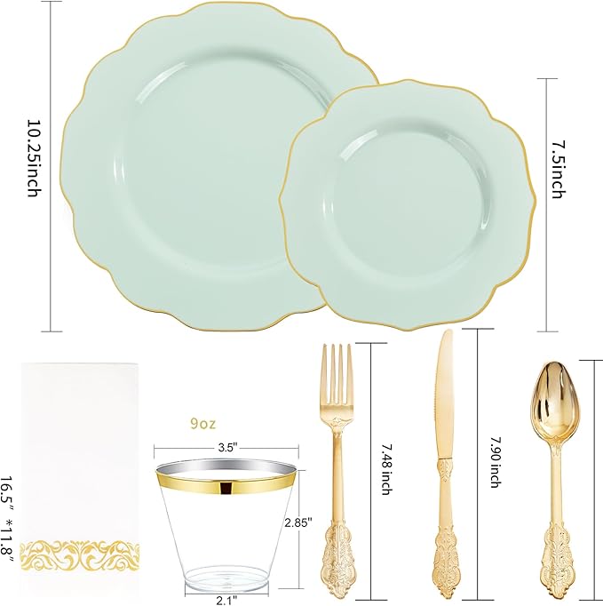 NOCCUR 175PCS Sage Green Plastic Plates with Gold Disposable Silverware - Include 50 Green and Gold Plastic Plates,25 Knives,25 Forks,25 Spoons,25 Cups and 25 Napkins - Easter Day/Spring Party