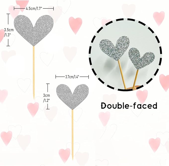24Pcs Glitter Heart Cupcake Toppers for Valentine's Day Decorations, Mixed Size Double-Sided Heart Valentine's Day Cupcake Toppers for Wedding Bridal Shower Party Decorations (Silver)