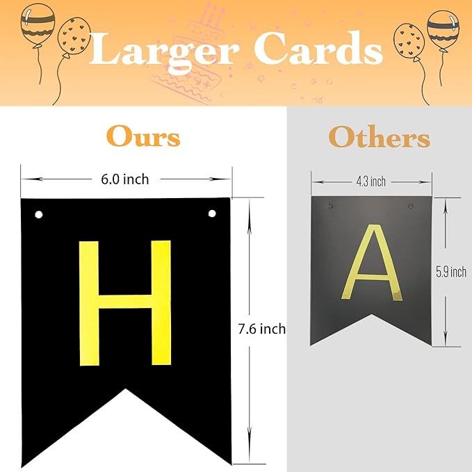 Large Happy Birthday Banner 6.3&7.8 inches Happy Birthday Bunting Banner with Shiny Gold Letters Black & Gold Birthday Party Decorations for Any Ages's Party Supplies with 13 Cards, a Ribbon