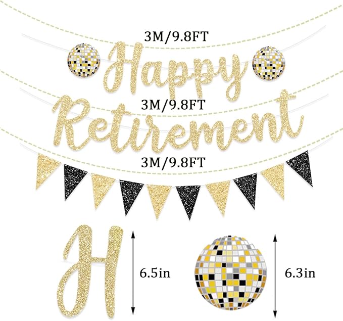 Pre Strung Happy Retirement Banner Party Decorations Gold Black Glitter Sign Bunting for Men & Women NO DIY
