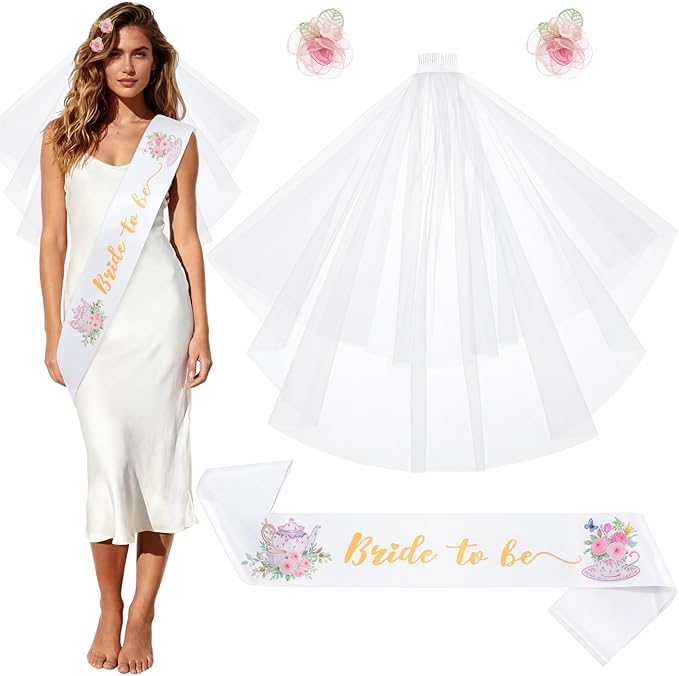 4 Pcs Tea Party Bridal Shower Favor Floral Tea Bride to Be Sash and Veil Bachelorette Party Decorations Flowers Teapot Theme Wedding Satin Sash Bridal Shower Gifts Engagement Supplies