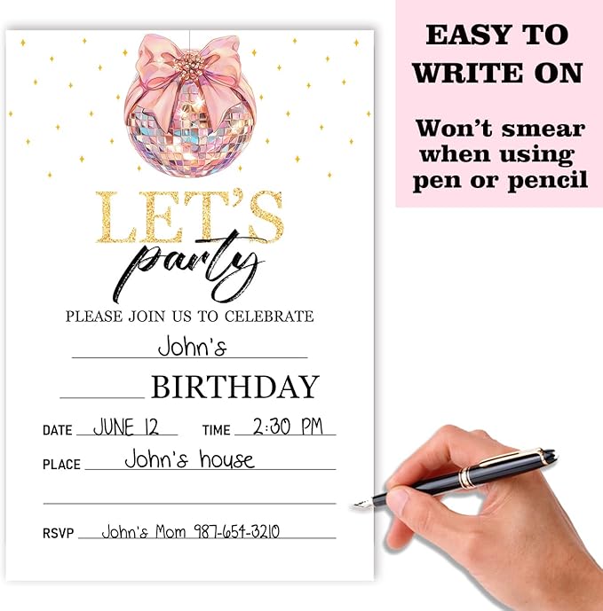 Sweet Pink Disco Birthday Invitation Cards For Girls Adult Teens, Let's Party Supplies Favors, 20 Fill-In Invitation Cards with Envelopes -04