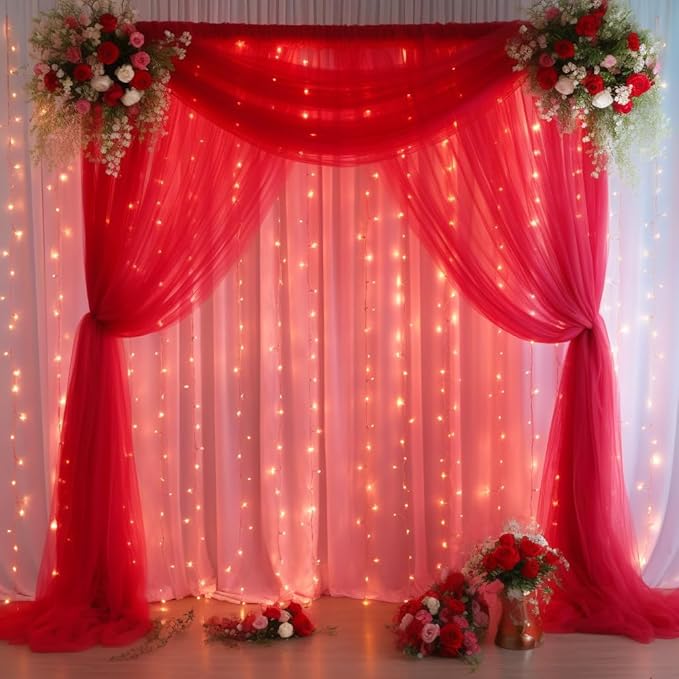 30x10ft Red Tulle Backdrop Curtain with Lights String for Parites, Sheer Backdrop Curtains for Wedding Baby Shower Birthday Party Photo Shoot Decorations
