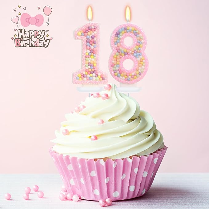 Birthday Candles - Number 18 Candle, Colorful Macaron Candles, 18 Year Old Birthday Decorations, Cake Decorations, Sweet Theme Party Supplies (Pink)