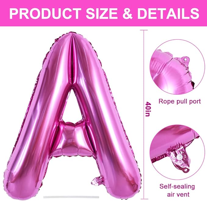 TONIFUL 40 Inch Large Rose Red Letter A Balloons Giant Alphabet Hot Pink Letter Balloons,Foil Mylar Big Balloons for Birthday Party Anniversary Supplies Decorations