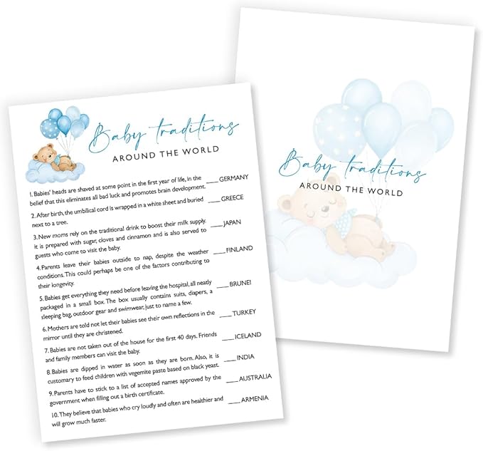 Baby Traditions Around The World Shower Game, 25 Blue Bear & Balloon Theme Cards with 1 Answer Key, Fun Baby Shower Games for Boys, Party Activities & Supplies -B06