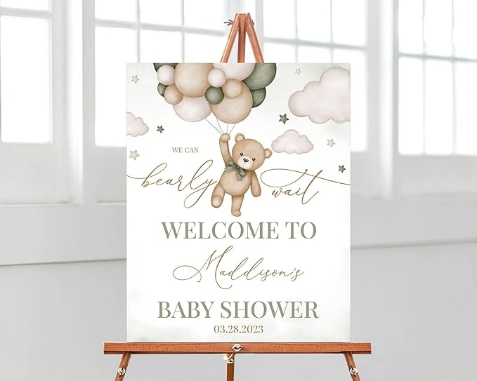 Personalized Teddy Bear Baby Shower Welcome Sign, Welcome to Baby Shower Sign, We Can Bearly Wait Baby Shower Sign Decor