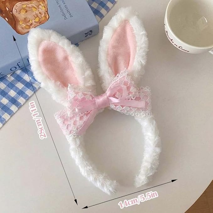 Blync Easter Bunny Ears Headband, Lace Curly Rabbit Hair Accessories, Pink Bow Hairband for Party, Photos, Cosplay