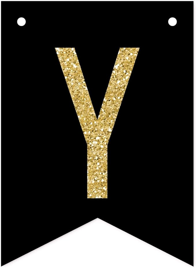 Andaz Press Fully Personalized Faux Gold Glitter on Black Party Banner Decorations, Your Text Here, Approx 5-Feet, 1-Set, Birthday Graduation Anniversary Wedding Colored Hanging Pennant Decor, Custom