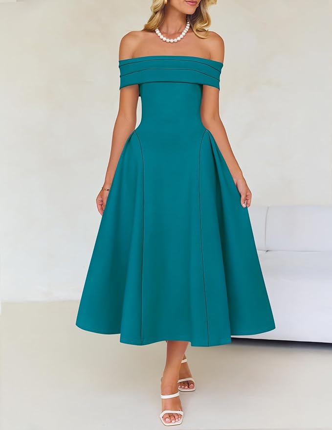 ZESICA Summer 2026 Cocktail Dresses for Women's Off Shoulder Short Sleeve Swing A Line Wedding Evening Party Midi Dress