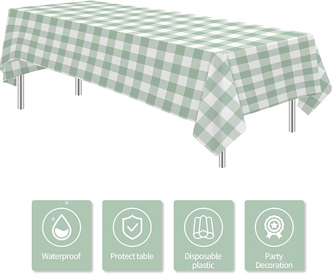 Sage Green Gingham Party Tablecloth Decorations, 3 Pack Green Checkered Disposable Plaid Party Supplies Tablecover, for Birthday Baby Shower Bridal Wedding, 55in x 86in