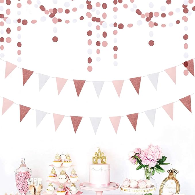 Pink-White Rose-Gold Party Decorations Banner - 2 Pack Valentines Mothers Day Engagement Baby Bridal Shower Paper Pennant Triangle Flags,Girl Birthday Bachelorette Wedding Bunting Lasting Surprise