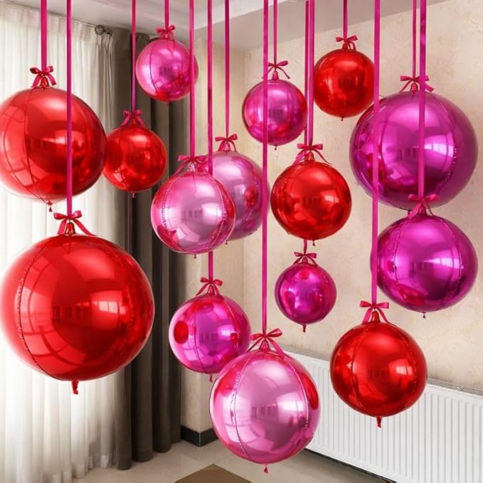 15PCS Red Pink Round Foil Balloons, 22" 15" 10" Large 4D Ball Balloons Red Hot Pearl Pink Mirror Sphere Balloon for Valentines Day Wedding Women Girls Birthday Party Ceiling Decorations