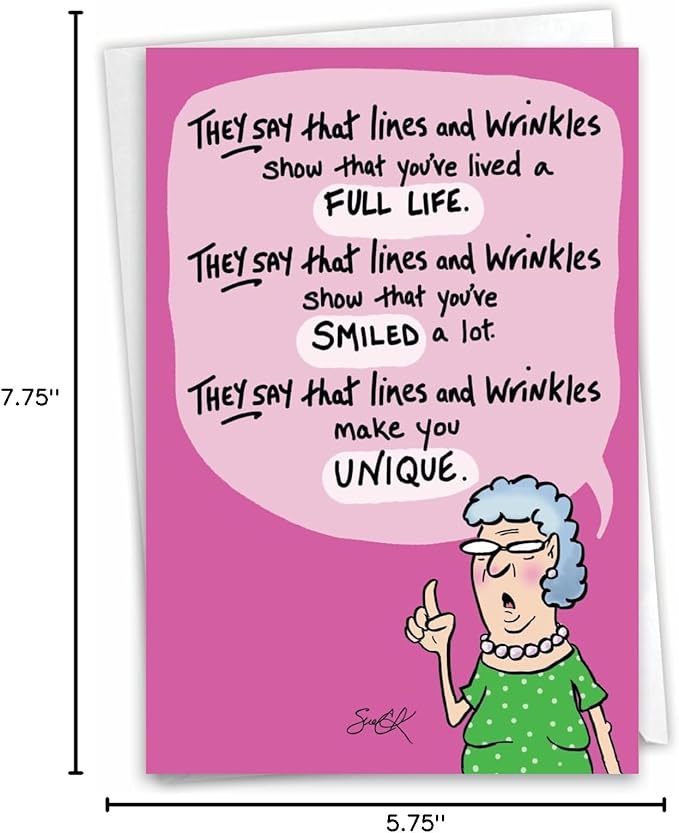 NobleWorks - 1 Funny Women's Birthday Card with Envelope - Cartoon Humor, Stationery Bday Celebration Card for Wife, Women - Lines and Wrinkles C9319BDG