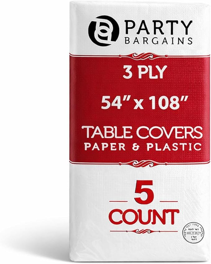 PARTY BARGAINS Disposable Table Covers, 54 x 108 Inch, White, 3-Ply Paper & Plastic Spill-Resistant Party Tablecloths, 5 Pack