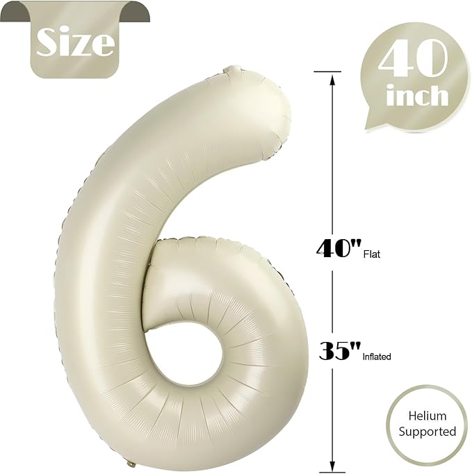 Cream Number 6 Balloon 40 Inch, 6 Balloon Number, 6th Birthday Decorations, Cream Party Supplies for Boys Girls