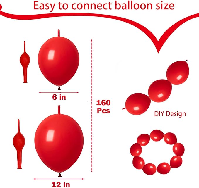 Link Balloons Red 6 Inch 12 Inch Latex Quick Linkale Balloon 160 Pcs for Birthday, Halloween, Christmas, Party Festival Decorations