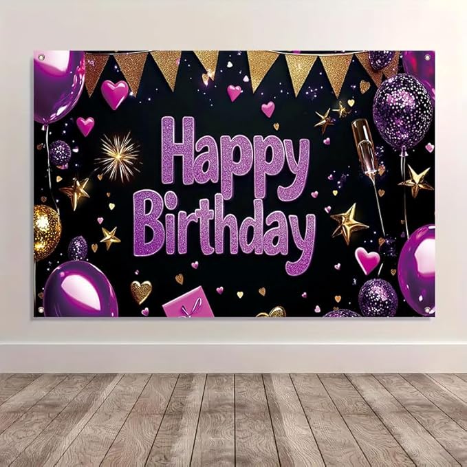 Birthday Banner 71 x 43 Inch, Large Happy Birthday Party Backdrop, Purple and Gold Glitter Birthday Decorations for Women Girls