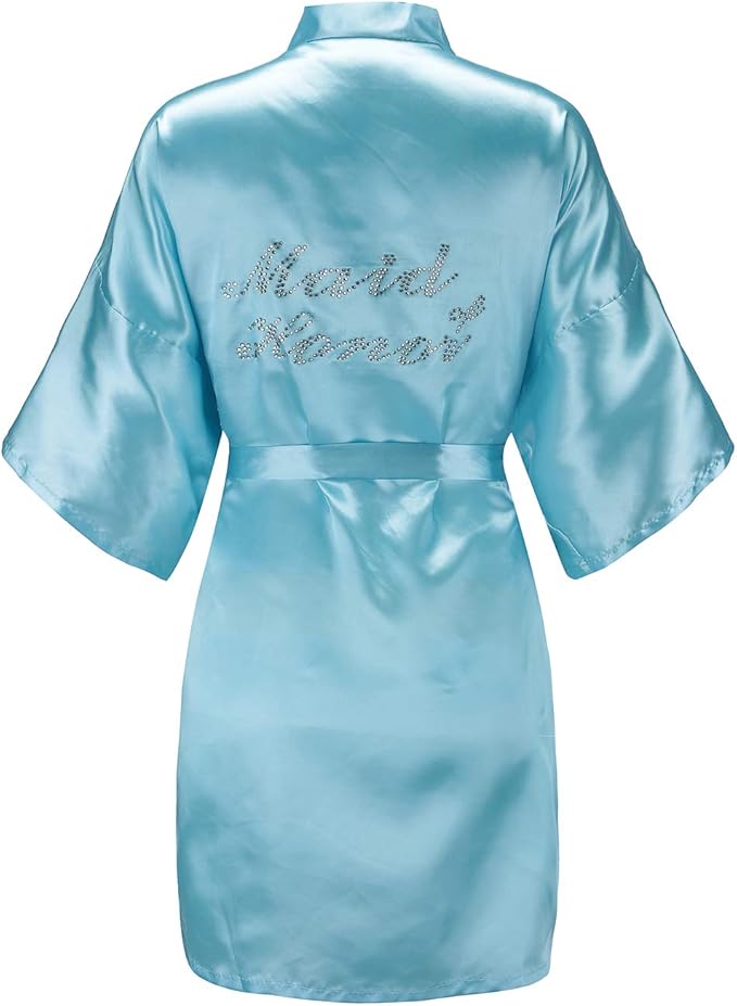 EPLAZA Women's One Size Silver Rhinestones Bride Bridesmaid Short Satin Robes for Wedding Party Getting Ready