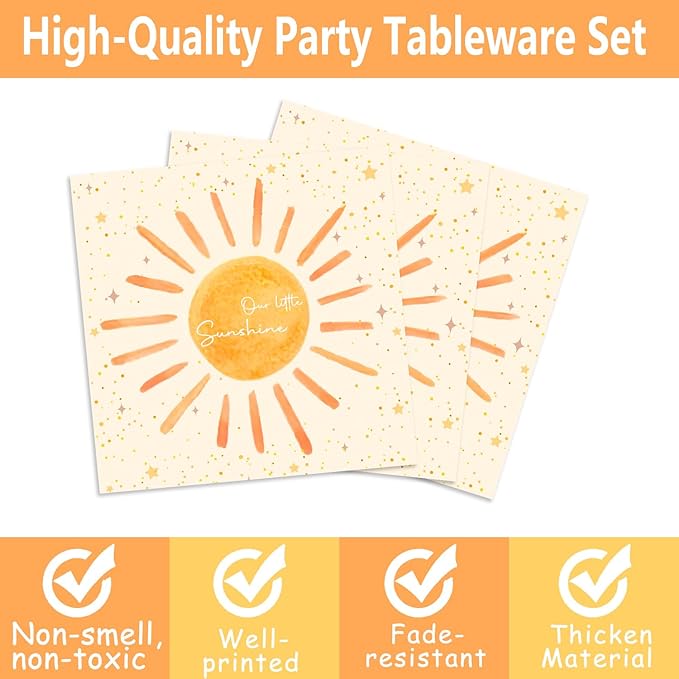 168Pcs Boho First Trip Around The Sun Birthday Decorations- Boho Party Set with Bohemian Hippie Sunshine Theme Party Tableware Decorations Including Plates,Cups,Napkins,Baby Shower Party for 24 Guests