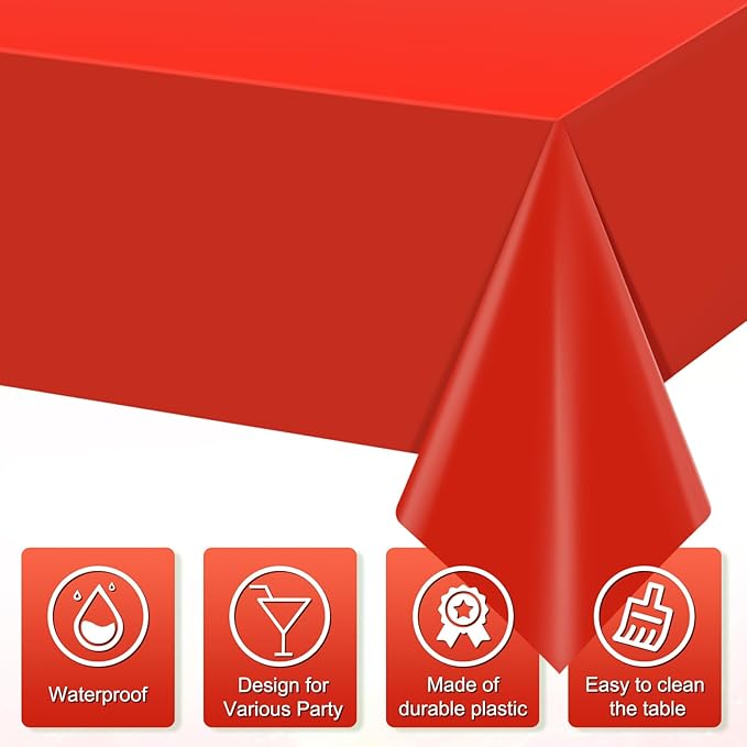 6Pcs Red Rectangle Tablecloths,Disposable Plastic Tablecloth,Waterproof Red Table Cover for Graduation Birthdays Weddings Anniversary Party Decorations,54 x 108 Inch