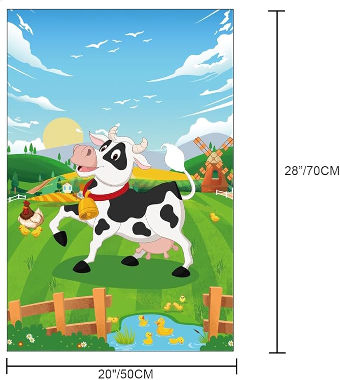 T-Antrix Pin The Tail on The Cow Game -Farm Themed Birthday Games for Kids with 21'' x 28'' Large Poster, Resuable Tails Stickers Farm Party Decorations Kids Birthday Party Favors