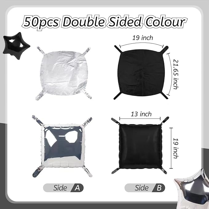 50PCS Silver Black Square Foil Balloon Wall, Double Sided Metallic Silver Black Garland Kit, Reusable DIY Mylar Balloon Arch for Anniversary Bachelorette Birthday Engagement Party Background Decor ﻿