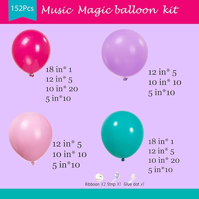 K-Pop Music themed Birthday Decorations with Hot Pink Teal Purple balloon arch & Artificial palm leaves for Girls Summer Tropical Hawaii music fans Prom Party Decorations