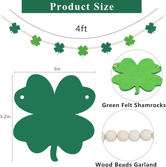 DAZONGE St. Patrick's Day Decorations, Wood Bead Shamrock Garland for St. Patrick's Day Decor, Lucky Felt Shamrock Garland for Mantel Wall Decor