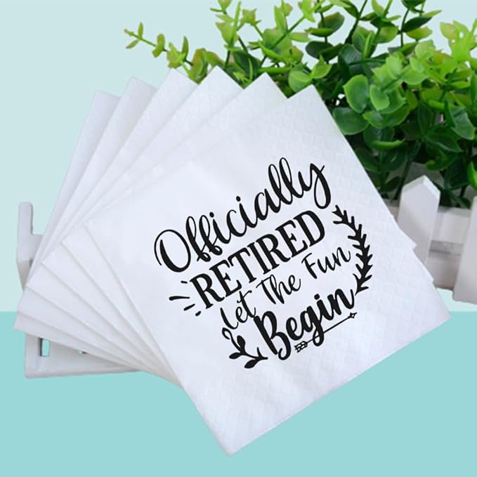 Retirement Cocktail Napkins Party Napkins Beverage Napkins Bar Napkins Disposable Paper Novelty Humorous Gag Gift 100Pcs 4.5 x 4.5 17-ply (Officially Retired Let The Fun Begin)
